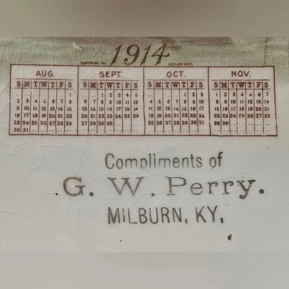 1914 Advertising Calendar Plate • G.W. Perry of Milburn, KY • Crown Pottery - Picture 4 of 6